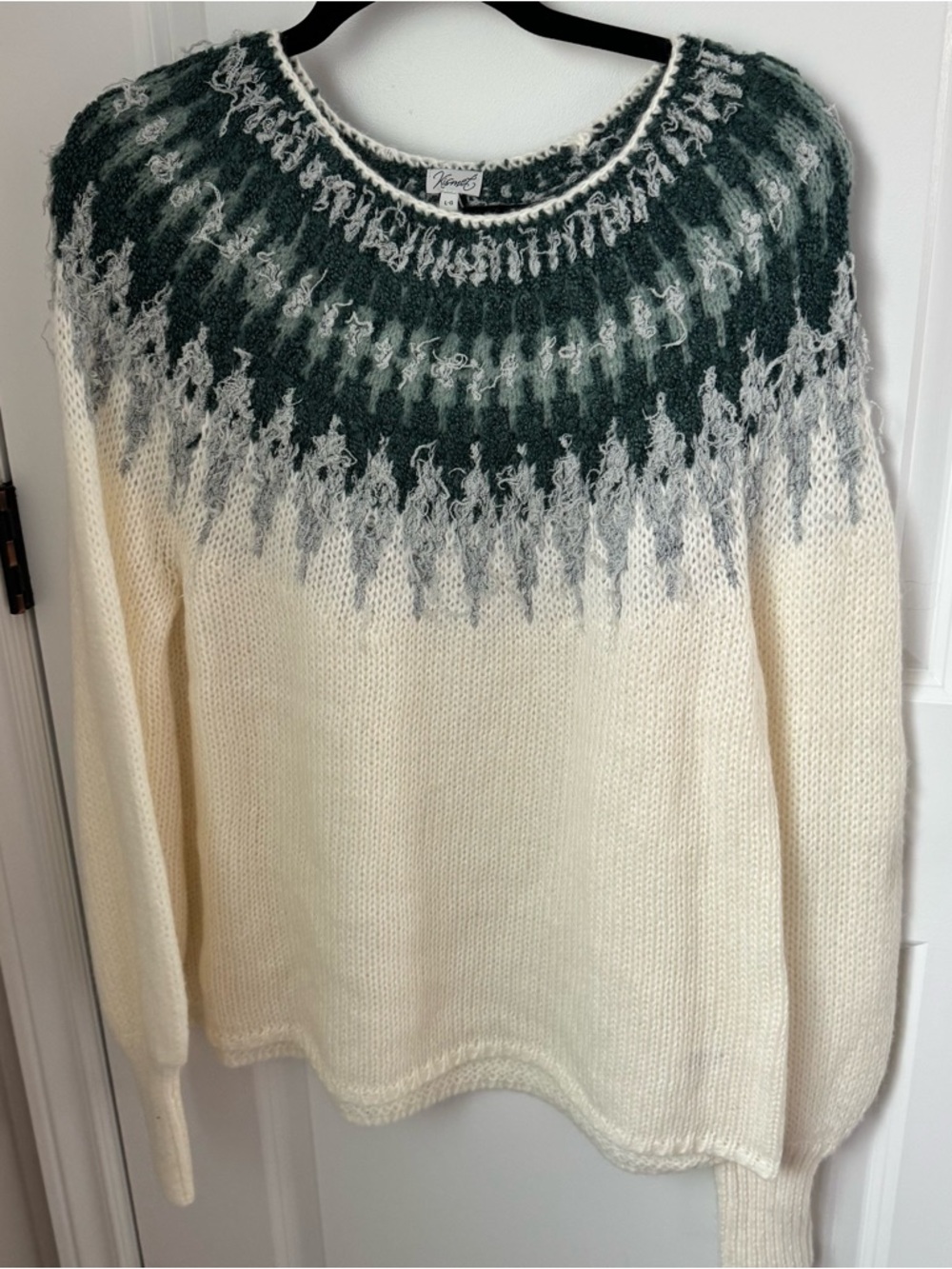 Cream Sweater with Dark Green and Gray Yoke